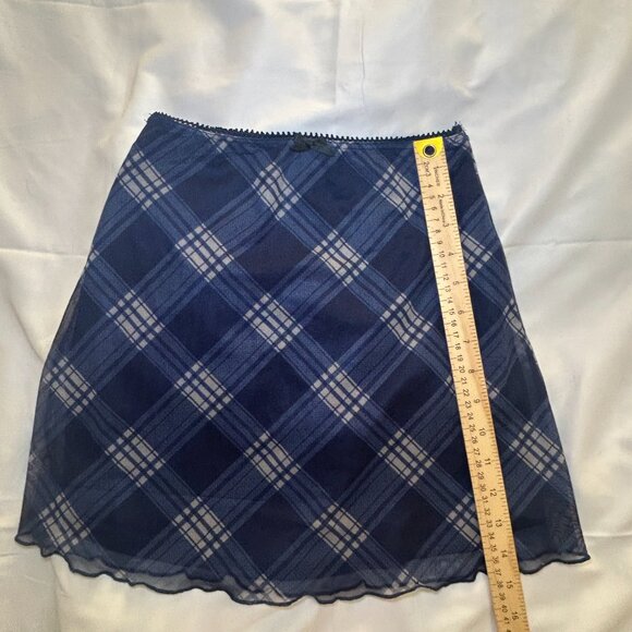Cider Plaid Skirt Flowy Elastic Waistband Scalloped Trim Plaid Pattern Blue XXS - Picture 7 of 9